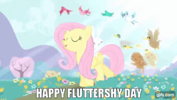 Size: 640x360 | Tagged: safe, edit, edited screencap, editor:quoterific, screencap, angel bunny, fluttershy, bird, blue jay, duck, pegasus, pony, rabbit, filli vanilli, g4, season 4, angelbetes, animal, animated, cute, eyes closed, female, fluttershy day, flying, gif, gifs.com, impact font, male, mare, open mouth, open smile, shyabetes, singing, smiling, spread wings, text, walking, wings