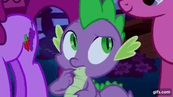 Size: 640x360 | Tagged: safe, screencap, berry punch, berryshine, spike, dragon, earth pony, pony, do princesses dream of magic sheep, g4, season 5, animated, eyes closed, female, gif, gifs.com, knight spike, male, mare, night, open mouth, open smile, smiling, transformation, trio