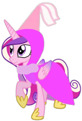 Size: 670x984 | Tagged: safe, alternate version, artist:darlycatmake, alicorn, pony, cape, clothes, costume, costume swap, cover, happy, hat, hennin, jewelry, looking at someone, looking at something, looking up, princess, raised hoof, robe, robes, simple background, smiling, transparent background