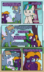 Size: 1920x3168 | Tagged: safe, artist:alexdti, oc, oc only, oc:brainstorm (alexdti), oc:purple creativity, oc:star logic, pegasus, pony, unicorn, comic:quest for friendship, bouquet, comic, crying, dialogue, eye contact, eyes closed, female, floppy ears, flower, folded wings, glasses, grin, high res, hoof hold, hoof on chest, hooves, horn, laughing, looking at each other, looking at someone, looking away, male, mare, narrowed eyes, one eye closed, open mouth, open smile, outdoors, pegasus oc, pointing, ponytail, raised hoof, smiling, speech bubble, squee, stallion, standing, tears of laughter, underhoof, unicorn oc, wall of tags, wings