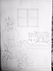 Size: 3072x4096 | Tagged: safe, artist:mildgyth, queen chrysalis, anthro, canterlot wedding 10th anniversary, ziragshabdarverse, g4, chair, clothes, dress, glasses, mirror universe, monochrome, reversalis, shoes, solo, traditional art