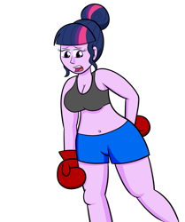 Size: 1005x1200 | Tagged: safe, artist:marcodile, sci-twi, twilight sparkle, human, equestria girls, g4, belly button, boxer, boxing gloves, breasts, cleavage, clothes, female, missing accessory, open mouth, shorts, simple background, solo, sports bra, transparent background