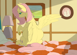 Size: 4093x2894 | Tagged: safe, artist:snspony, fluttershy, pegasus, pony, rabbit, animal, bed, belly, big belly, cute, female, heart, hoof heart, lamp, mare, preggoshy, pregnant, shyabetes, smiling, solo, underhoof, wings