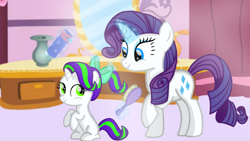 Size: 1280x720 | Tagged: safe, artist:mlplary6, rarity, oc, oc:pearl, dracony, hybrid, pony, unicorn, g4, female, filly, foal, interspecies offspring, mama rarity, mare, mother and child, mother and daughter, offspring, parent:rarity, parent:spike, parents:sparity, smiling