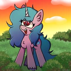 Size: 2048x2048 | Tagged: safe, artist:artsywhitetail, izzy moonbow, pony, unicorn, g5, chest fluff, cute, ear fluff, female, happy, high res, izzybetes, looking up, mare, open mouth, open smile, smiling, solo, unshorn fetlocks