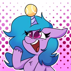 Size: 2048x2048 | Tagged: safe, artist:artsywhitetail, izzy moonbow, pony, unicorn, g5, abstract background, ball, blushing, cute, female, happy, high res, horn, hornball, izzy's tennis ball, izzybetes, mare, open mouth, open smile, pointing, simple background, smiling, solo, tennis ball, unshorn fetlocks