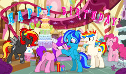 Size: 6834x4031 | Tagged: safe, artist:equestria secret guard, pinkie pie, oc, oc:candlelight warmth, oc:frosted maple, oc:igvjgj, oc:spring dawn(sd), earth pony, pegasus, pony, unicorn, g4, bipedal, birthday, birthday cake, birthday gift, cake, female, food, hat, male, mare, party hat