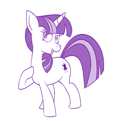 Size: 717x771 | Tagged: safe, artist:marcodile, twilight sparkle, pony, unicorn, g4, female, full body, hoof on chest, hooves, horn, lidded eyes, mare, monochrome, open mouth, open smile, raised hoof, simple background, smiling, solo, standing, tail, unicorn twilight, white background