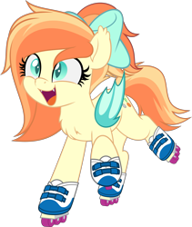Size: 4221x5000 | Tagged: safe, artist:jhayarr23, oc, oc only, oc:sunshine drift, bat pony, pony, bat pony oc, bow, chest fluff, cute, ear fluff, fangs, female, fluffy, hair bow, happy, mare, roller skates, simple background, smiling, solo, transparent background