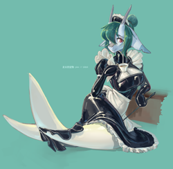 Size: 5560x5425 | Tagged: safe, artist:龙宠, oc, oc only, oc:shanher, dragon, mermaid, anthro, absurd resolution, apron, big breasts, breasts, clothes, corset, cup, dragoness, eyeshadow, female, fish tail, lace, latex, latex skirt, latex suit, lizard breasts, looking at you, maid, maid headdress, makeup, mermaid tail, skirt, solo, tail, teacup