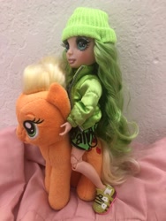Size: 1536x2048 | Tagged: safe, artist:user15432, applejack, earth pony, human, pony, g4, barely pony related, bedroom, crossover, doll, humans riding ponies, irl, jade hunter, photo, plushie, rainbow high, riding, toy