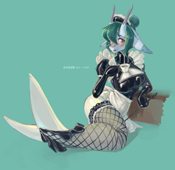 Size: 5560x5425 | Tagged: safe, artist:龙宠, oc, oc only, oc:shanher, dragon, mermaid, anthro, absurd resolution, anklet, apron, big breasts, blushing, breasts, clothes, corset, cup, dragoness, eyeshadow, female, fish tail, jewelry, lace, latex, latex suit, looking at you, maid, maid headdress, makeup, mermaid tail, solo, stockings, tail, teacup, thigh highs