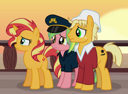 Size: 1024x754 | Tagged: safe, artist:emeraldblast63, artist:limedazzle, lemon zest, ragamuffin (g4), sunset shimmer, earth pony, pony, unicorn, comic:the tale of two sunsets, g4, boat, captain hat, equestria girls ponified, ponified, story included