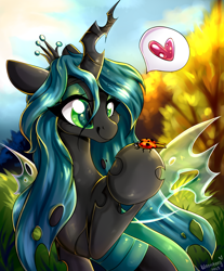 Size: 1654x2000 | Tagged: source needed, safe, artist:woonborg, queen chrysalis, changeling, changeling queen, insect, ladybug, canterlot wedding 10th anniversary, g4, crown, cute, cutealis, female, horn, jewelry, regalia, smiling, solo, sun, sunshine, tree, wings