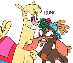 Size: 2006x1744 | Tagged: safe, artist:nonameorous, paprika (tfh), shanty (tfh), alpaca, goat, them's fightin' herds, bonk, bouquet, community related, derp, flower, simple background, white background