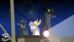 Size: 2001x1125 | Tagged: safe, artist:shawn keller, oc, oc only, oc:athena (shawn keller), oc:lustrous (shawn keller), dinosaur, pegasus, pony, guardians of pondonia, angry, bedroom eyes, boat, crown, female, flashlight (object), indoraptor, jewelry, looking at each other, looking at someone, male, mare, margarita paranormal, night, not celestia, not chrysalis, ocean, pegasus oc, regalia, searchlight, ship, sky, slender, smiling, smirk, smug, stars, the three kingdoms, thin, water