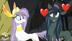 Size: 2001x1125 | Tagged: safe, artist:shawn keller, oc, oc:athena (shawn keller), oc:lustrous (shawn keller), pegasus, pony, guardians of pondonia, adorable face, concave belly, crown, cute, female, happy, heart, jewelry, mare, margarita paranormal, not celestia, not chrysalis, pegasus oc, regalia, slender, smiling, the three kingdoms, thin, youtube link