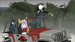 Size: 2001x1125 | Tagged: safe, artist:shawn keller, oc, oc only, oc:athena (shawn keller), oc:lustrous (shawn keller), dinosaur, pegasus, pony, guardians of pondonia, bucket hat, car, cigarette, crown, driving, fear and loathing in las vegas, female, grass, hat, indoraptor, island, jeep, jewelry, jurassic park, male, mare, margarita paranormal, movie reference, ocean, pegasus oc, reference, regalia, sitting, slender, sunglasses, the three kingdoms, thin, tree, water
