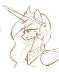 Size: 349x430 | Tagged: safe, artist:plunger, princess celestia, alicorn, pony, g4, bust, crown, female, jewelry, looking at something, mare, monochrome, ponybooru import, regalia, simple background, sketch, smiling, smug, solo, white background
