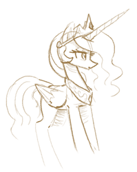 Size: 495x622 | Tagged: safe, artist:plunger, princess celestia, alicorn, pony, g4, crown, female, jewelry, looking at something, mare, monochrome, neutral, ponybooru import, regalia, simple background, sketch, solo, standing, white background