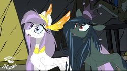 Size: 2001x1125 | Tagged: safe, artist:shawn keller, oc, oc:athena (shawn keller), oc:lustrous (shawn keller), pegasus, pony, guardians of pondonia, concave belly, crown, cute, duo, female, jewelry, looking at someone, mare, margarita paranormal, not celestia, not chrysalis, pegasus oc, purple eyes, red eyes, regalia, shocked, slender, the three kingdoms, thin