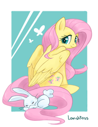 Size: 1280x1658 | Tagged: safe, artist:lanshtoss, angel bunny, fluttershy, pegasus, pony, rabbit, g4, animal, aside glance, cute, duo, female, looking at you, looking back, looking back at you, mare, partially open wings, shyabetes, sitting, smiling, smiling at you, turned head, wings