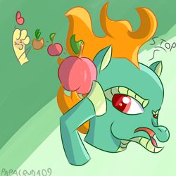 Size: 2000x2000 | Tagged: safe, artist:papacruda09, paprika (tfh), tianhuo (tfh), alpaca, dragon, hybrid, longma, them's fightin' herds, angry, apple, community related, fire, flower pot, food, green background, heart, high res, leaf, simple background, stop