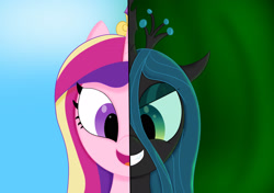 Size: 2048x1444 | Tagged: safe, artist:suryfromheaven, princess cadance, queen chrysalis, alicorn, changeling, pony, canterlot wedding 10th anniversary, g4, duo, female, mare, simple background