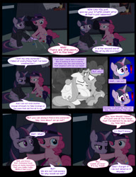 Size: 1042x1358 | Tagged: safe, artist:dendoctor, fluttershy, mean twilight sparkle, pinkie pie, alicorn, earth pony, pegasus, pony, comic:clone.., g4, the mean 6, alternate universe, bandage, clone, clothes, comic, crying, female, first aid kit, flashback, injured, monochrome, pinkie clone, rain, taffy, twilight sparkle (alicorn)