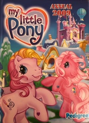 Size: 640x883 | Tagged: safe, pinkie pie (g3), toola-roola, g3, official, 2009, hoof heart, hot air balloon, magazine, merchandise, mlp annual 2009, my little pony logo, pedigree, ponyville (g3), scan, snow
