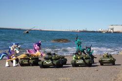 Size: 4608x3072 | Tagged: safe, artist:dingopatagonico, queen chrysalis, shining armor, twilight sparkle, alicorn, changeling, pony, unicorn, g4, current events, guardians of harmony, irl, misadventures of the guardians, photo, russia, tank (vehicle), toy, twilight sparkle (alicorn), z (military symbol)