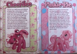 Size: 640x449 | Tagged: safe, cheerilee (g3), pinkie pie (g3), earth pony, pony, g3, official, 2009, backstory, balloon, description, flower, hoof heart, magazine, mlp annual 2009, scan, story included, text