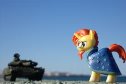 Size: 4608x3072 | Tagged: safe, artist:dingopatagonico, sunburst, pony, unicorn, g4, cape, clothes, forced perspective, glasses, irl, male, photo, solo, stallion, tank (vehicle), toy