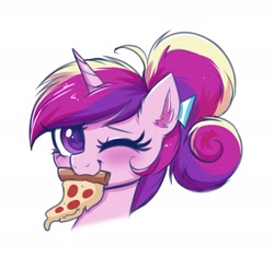 Size: 2377x2245 | Tagged: safe, artist:confetticakez, princess cadance, alicorn, pony, :3, bust, cute, cutedance, ear fluff, female, food, heart eyes, looking at you, mare, one eye closed, peetzer, pepperoni, pepperoni pizza, pizza, simple background, solo, teen princess cadance, that pony sure does love pizza, white background, wingding eyes, wink, winking at you, younger