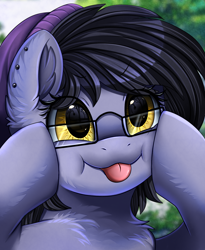 Size: 1446x1764 | Tagged: safe, artist:pridark, oc, oc only, oc:nightshade (pegasus), pegasus, pony, :p, beanie, chest fluff, cute, ear fluff, ear piercing, earring, female, glasses, hat, hooves on cheeks, jewelry, mare, mlem, piercing, reflection, silly, silly pony, solo, tongue out, tree