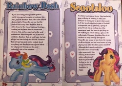 Size: 640x450 | Tagged: safe, rainbow dash (g3), scootaloo (g3), g3, official, 2009, backstory, hoof heart, magazine, mlp annual 2009, scan, story included, text