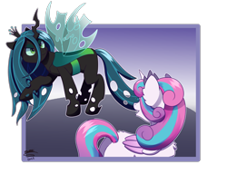 Size: 4238x3446 | Tagged: safe, artist:morrigun, princess flurry heart, queen chrysalis, alicorn, changeling, changeling queen, pony, canterlot wedding 10th anniversary, g4, adult, adult flurry heart, duo, eyes open, female, horn, mare, older, older flurry heart, princess, signature, wings