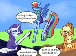 Size: 699x518 | Tagged: safe, artist:ponybutcher, applejack, mean rainbow dash, rainbow dash, rarity, earth pony, pegasus, pony, unicorn, g4, the mean 6, dialogue, female, frown, hat, meme, mud, out of context, quicksand, rainbow douche, redraw, sky, speech bubble, stuck, tar, tar pit, text, trio, trio female
