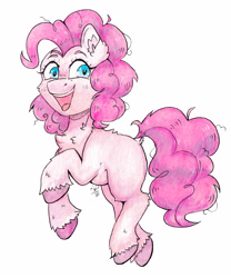 Size: 3004x3616 | Tagged: safe, artist:lightisanasshole, pinkie pie, earth pony, pony, blue eyes, cheek fluff, chest fluff, colored hooves, female, messy mane, open mouth, open smile, simple background, smiling, solo, traditional art, watercolor painting