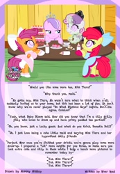 Size: 1640x2368 | Tagged: safe, alternate version, artist:mommymidday, apple bloom, diamond tiara, scootaloo, sweetie belle, earth pony, pegasus, pony, unicorn, g4, baby bottle, bad end, bipedal, blackmail, booties, bow, cake, clock, clothes, cmc threesome, commission, cute, cutealoo, cutie mark crusaders, diaper, diaper fetish, diasweetes, doll, dress, evil smile, female, fetish, filly, foal, food, forced smile, frilly dress, grin, hair bow, hoof shoes, humiliation, hypno eyes, hypnosis, hypnosis fetish, hypnotized, jewelry, lesbian, magic, magic aura, maid, non-baby in diaper, pastry, pocket watch, pouring, scootaloo also dresses in style, show accurate, smiling, smug, story, story included, swirly eyes, table, tea, tea set, telekinesis, tiara, tomboy taming, toy, treehouse, writer:riverroad