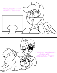 Size: 3000x3876 | Tagged: safe, artist:feather_bloom, oc, oc:buttercream flow(fb), oc:dicker shakedown(kaitykat), pony, blanket, disappointed, duo, expectation vs reality, eyepatch, funny, happy tree friends, high res, regret, scared, shocked