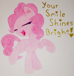 Size: 2096x2160 | Tagged: safe, artist:averkoswolf, derpibooru exclusive, pinkie pie, earth pony, pony, g4, colored pencil drawing, female, high res, mare, positive message, solo, text, traditional art