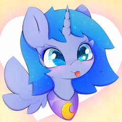 Size: 3000x3000 | Tagged: safe, artist:zokkili, princess luna, alicorn, pony, g4, :p, bust, cute, ethereal mane, female, filly, foal, high res, horn, lunabetes, solo, sparkly eyes, sparkly mane, sparkly wings, tongue out, wingding eyes, wings, woona, younger
