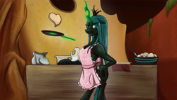 Size: 6222x3500 | Tagged: safe, artist:mixdaponies, queen chrysalis, changeling, changeling queen, g4, cooking, egg, fanfic art, female, food, glowing, glowing horn, horn, pan, pancakes, worse way to be bad