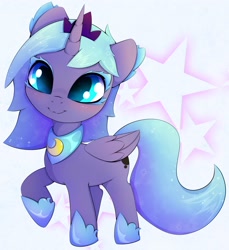 Size: 2750x3000 | Tagged: safe, artist:zokkili, princess luna, alicorn, pony, g4, :3, cute, female, filly, foal, high res, horn, looking at you, lunabetes, raised hoof, solo, stars, woona, younger