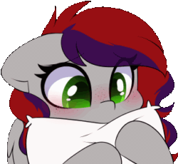 Size: 316x291 | Tagged: safe, artist:sakukitty, oc, oc only, oc:evening prose, pegasus, pony, animated, crying, female, floppy ears, freckles, gif, hug, jewelry, mare, necklace, pearl necklace, pillow, pillow hug, simple background, solo, transparent background