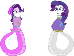 Size: 1024x784 | Tagged: safe, artist:cartoonmasterv3, rarity, starlight glimmer, lamia, equestria girls, g4, bondage, bound and gagged, cloth gag, gag, help us, lamiafied, scared, simple background, species swap, tied up, transparent background, worried