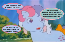 Size: 607x397 | Tagged: safe, edit, edited screencap, editor:korora, screencap, sweet stuff, twinkle eyed pony, g1, my little pony 'n friends, sweet stuff and the treasure hunt, bow, dialogue, forest, implied wind whistler, mountain, offscreen character, sesquipedalian loquaciousness, speech bubble, tail, tail bow