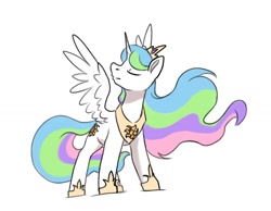 Size: 1504x1170 | Tagged: safe, artist:strangersaur, princess celestia, alicorn, pony, g4, crown, cute, cutelestia, ethereal mane, ethereal tail, eyes closed, female, hoof shoes, jewelry, mare, regalia, simple background, solo, spread wings, tail, white background, wings