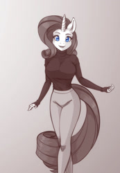 Size: 1248x1800 | Tagged: safe, artist:scorpdk, rarity, unicorn, anthro, big breasts, breasts, busty rarity, clothes, doodle, female, looking at you, monochrome, open mouth, pants, partial color, simple background, smiling, smiling at you, solo, sweater